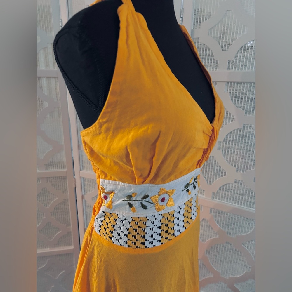 EMBROIDERED SMALL Orange Gold Halter Dress  Floral Boho Cottage Core - Picture 8 of 14